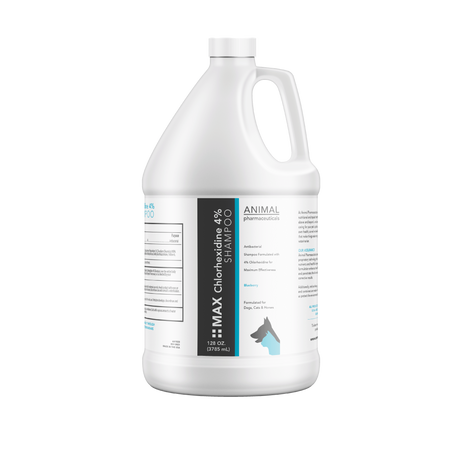 Large white bottle of MAX Chlorhexidine 4% Shampoo