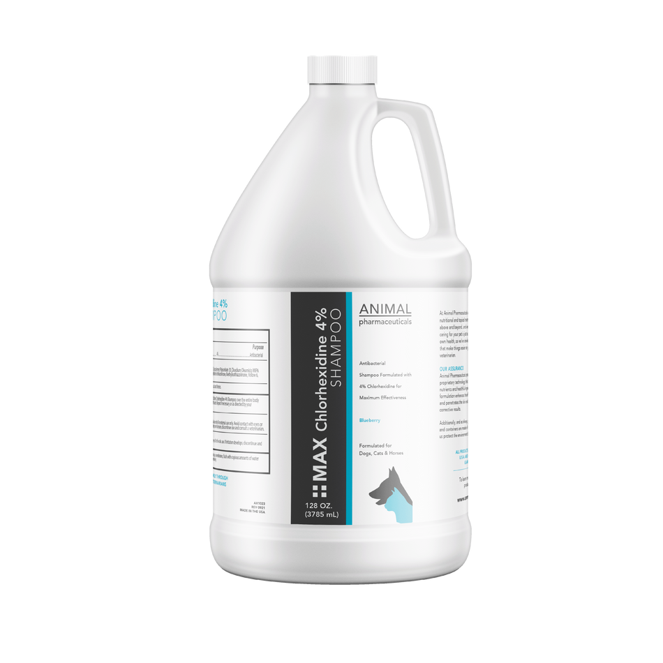 Large white bottle of MAX Chlorhexidine 4% Shampoo