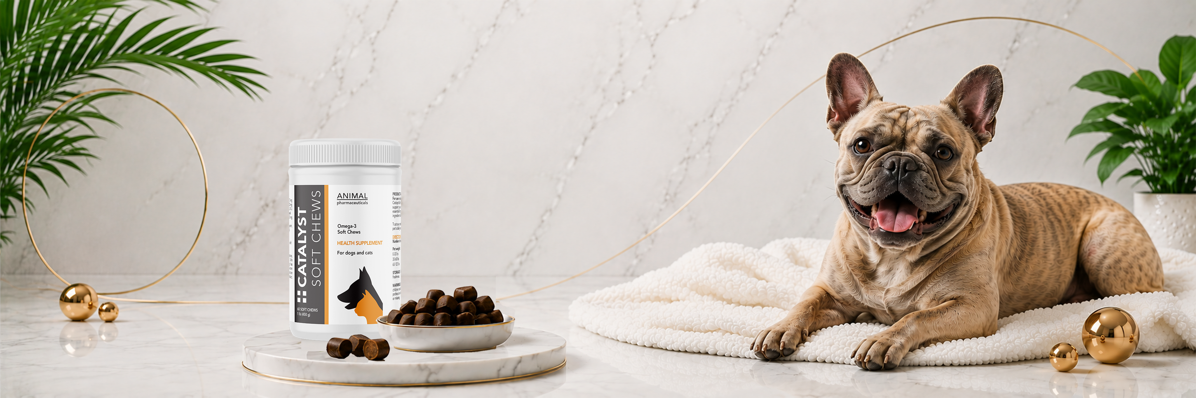 Dog lying on a blanket with a container of catalyst pet supplements